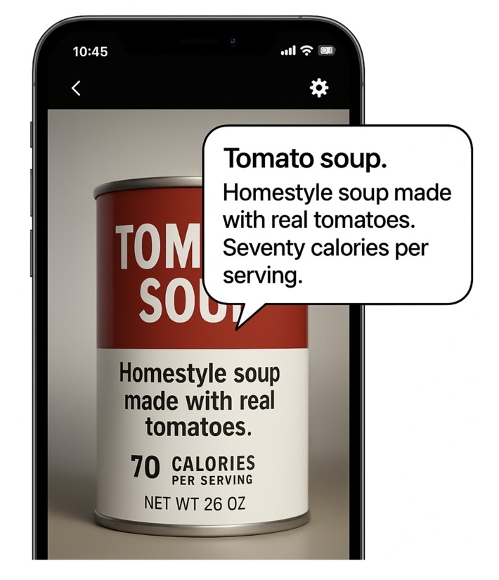 Live Read reads a Tomato Soup label aloud with recognized text visible on screen.
